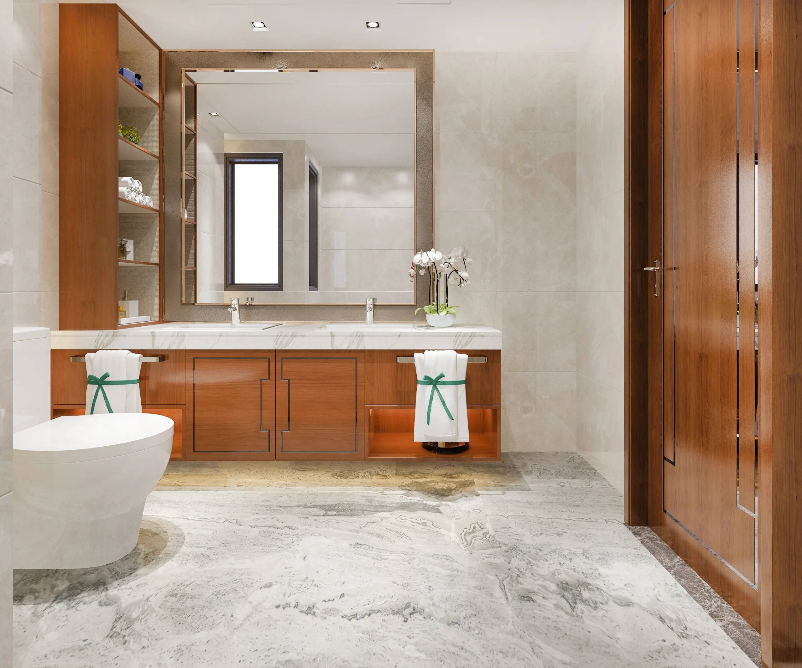 Luxury master bathroom renovation by Dream Space Remodeling featuring gray marble flooring, a custom wood double vanity, and a large illuminated mirror.