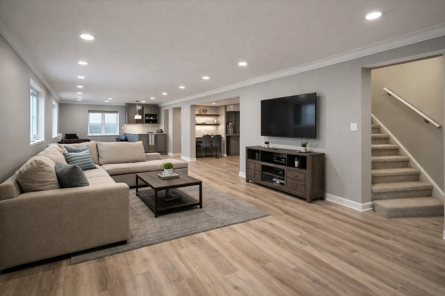 Unfinished basement before renovation by Dream Space Remodeling featuring exposed wooden joists and concrete block walls.