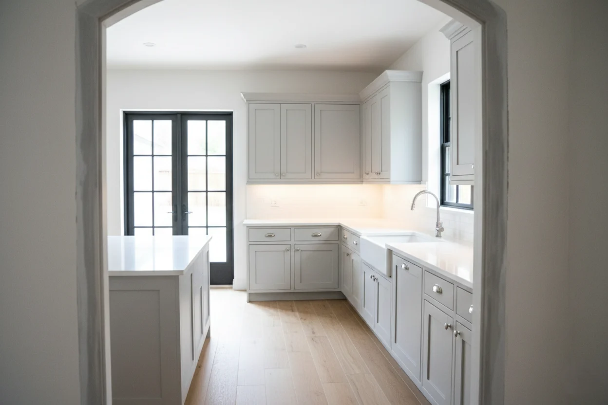 Luxury modern black kitchen remodeling with minimalist custom cabinetry and a sleek kitchen island by Dream Space Remodeling.