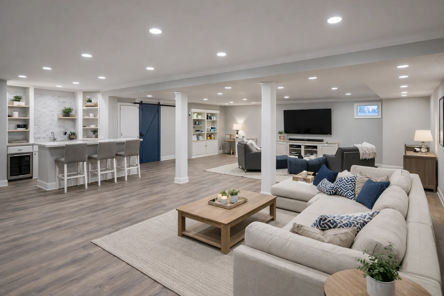 Unfinished basement before renovation by Dream Space Remodeling featuring exposed wooden joists and concrete block walls.