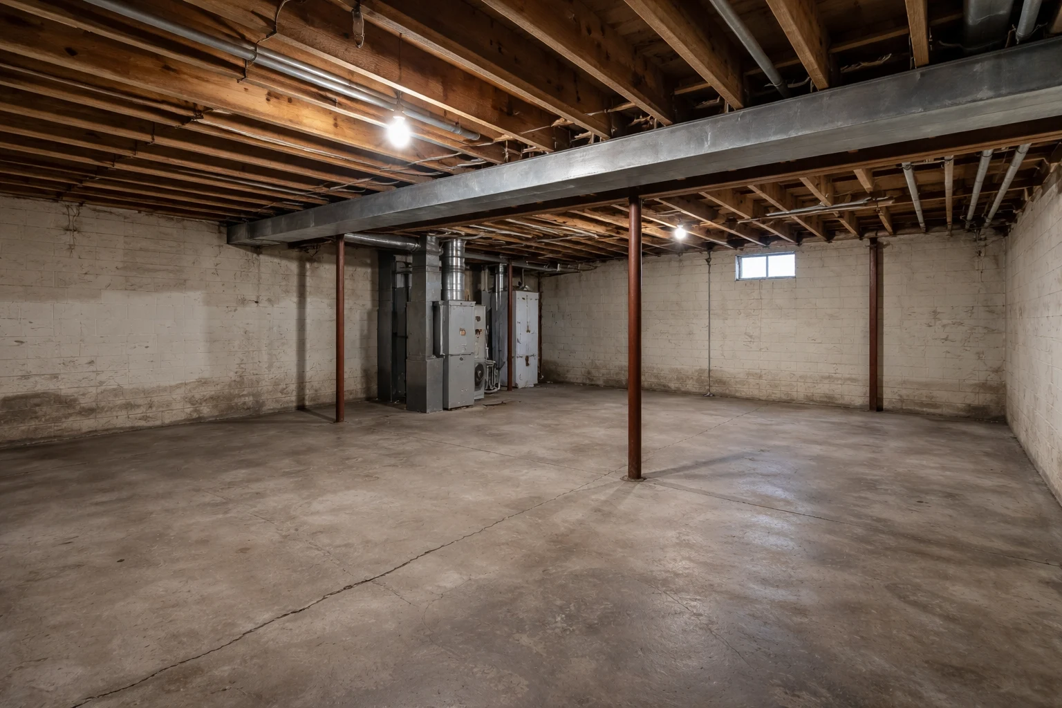 Raw unfinished basement with concrete floors and exposed wood ceiling joists before renovation by Dream Space Remodeling.