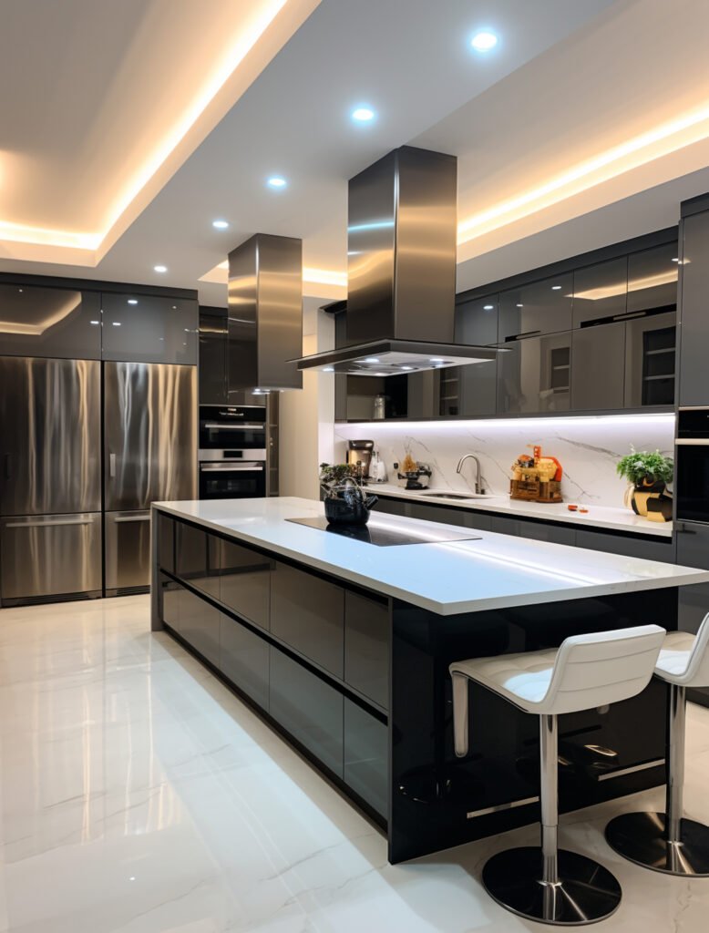 Luxury kitchen renovation by Dream Space Remodeling featuring high-gloss charcoal cabinetry, a large white quartz waterfall island, and professional-grade stainless steel appliances with recessed tray ceiling lighting.