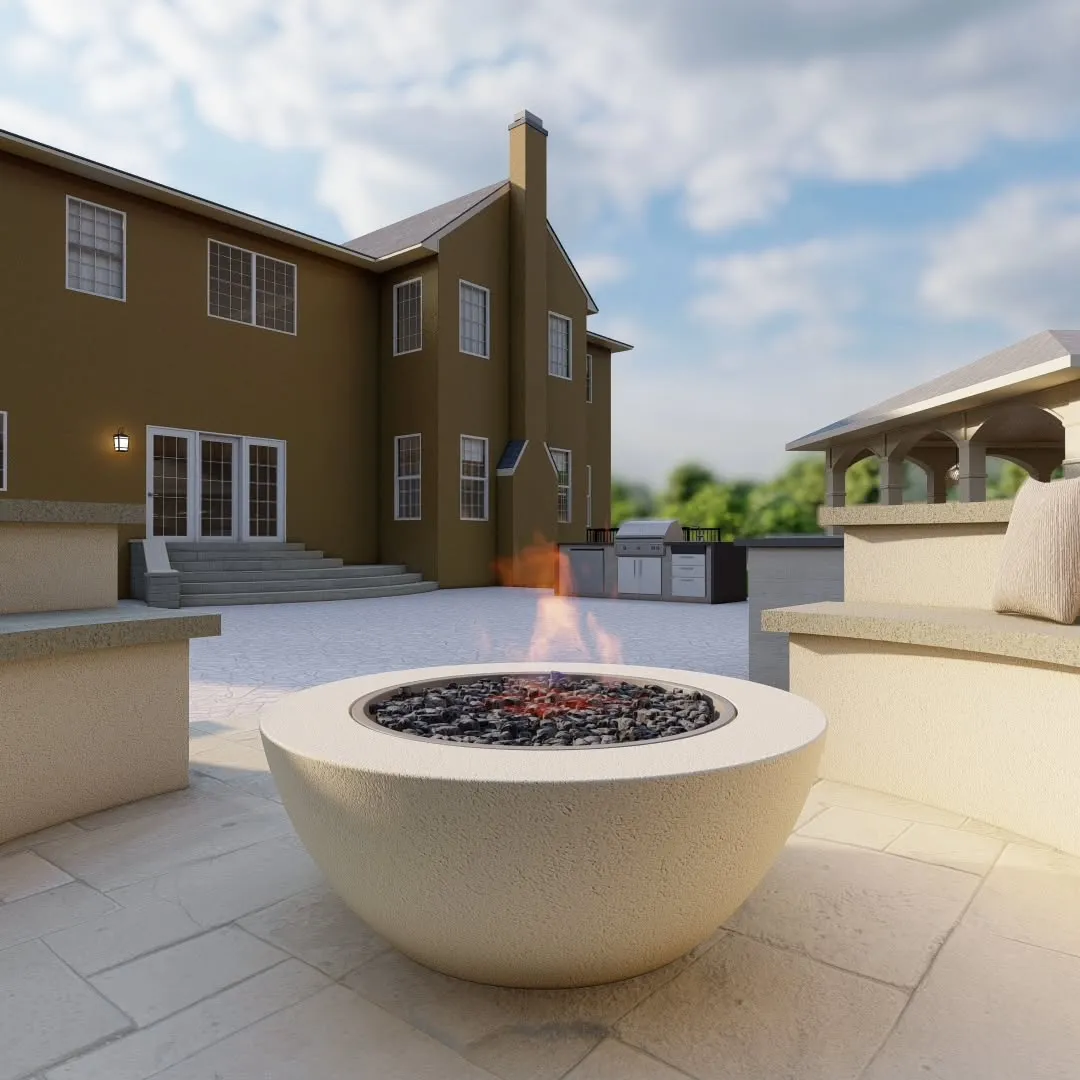 Luxury outdoor living space by Dream Space Remodeling featuring a custom stone fire pit, a full outdoor kitchen, and premium stone paver flooring.
